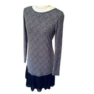 🖤 Michael Kors XS Houndstooth Midi Dress – Long Sleeve, Pleated Hem